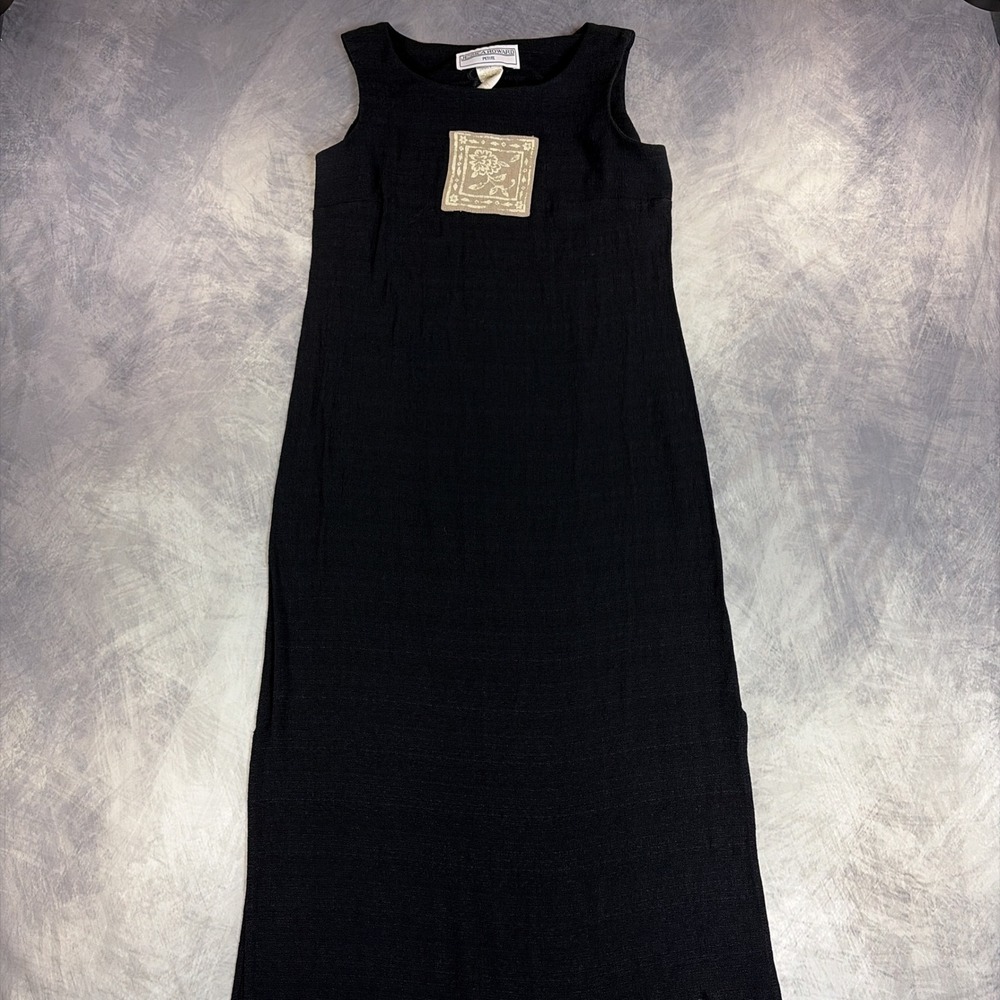 Vintage Jessica Howard Maxi Dress Womens Petite Black Floral Patch Sleeveless